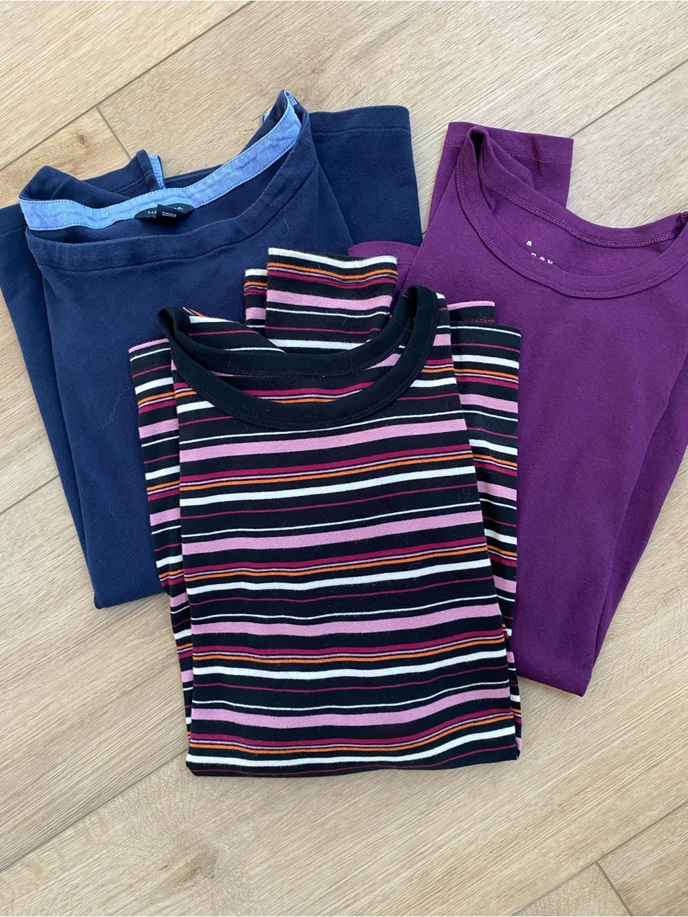 Women’s Long Sleeve Stripe & Solid Tee Set of 3 - Navy, Plum, Stripe